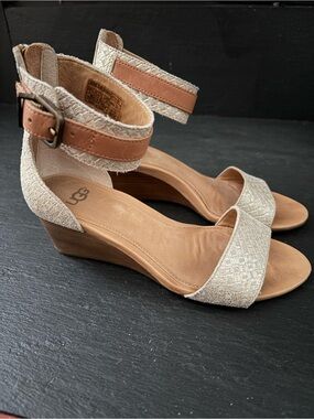 UGG Metallic Gold Ankle-Strap Wedge Low Heel Sandal
